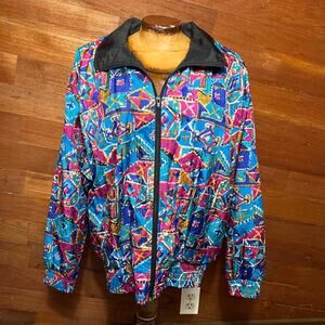 VINTAGE 90s Geometric Size XL Neon Windbreaker Retro Streetwear Hip Hop